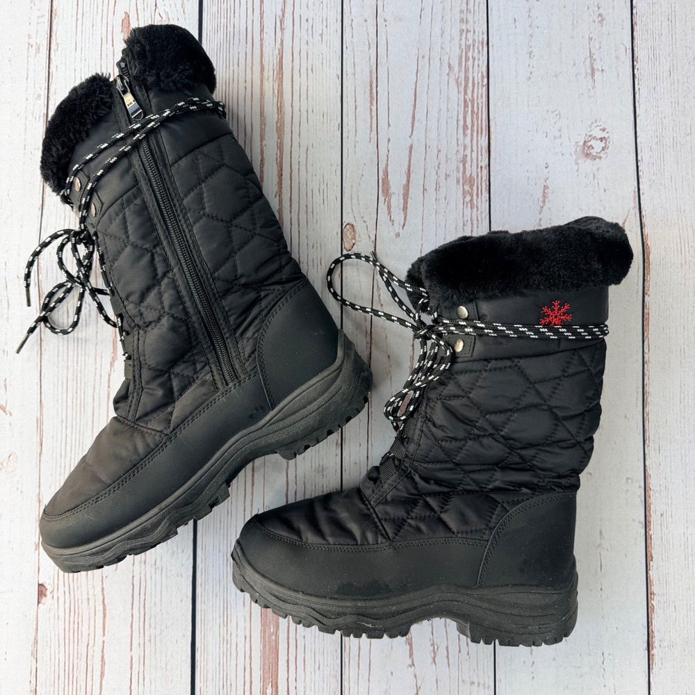 3M Thinsulate Quilted Winter Boots Black Faux Fur Trim Side Zip Goose-1 Size 6